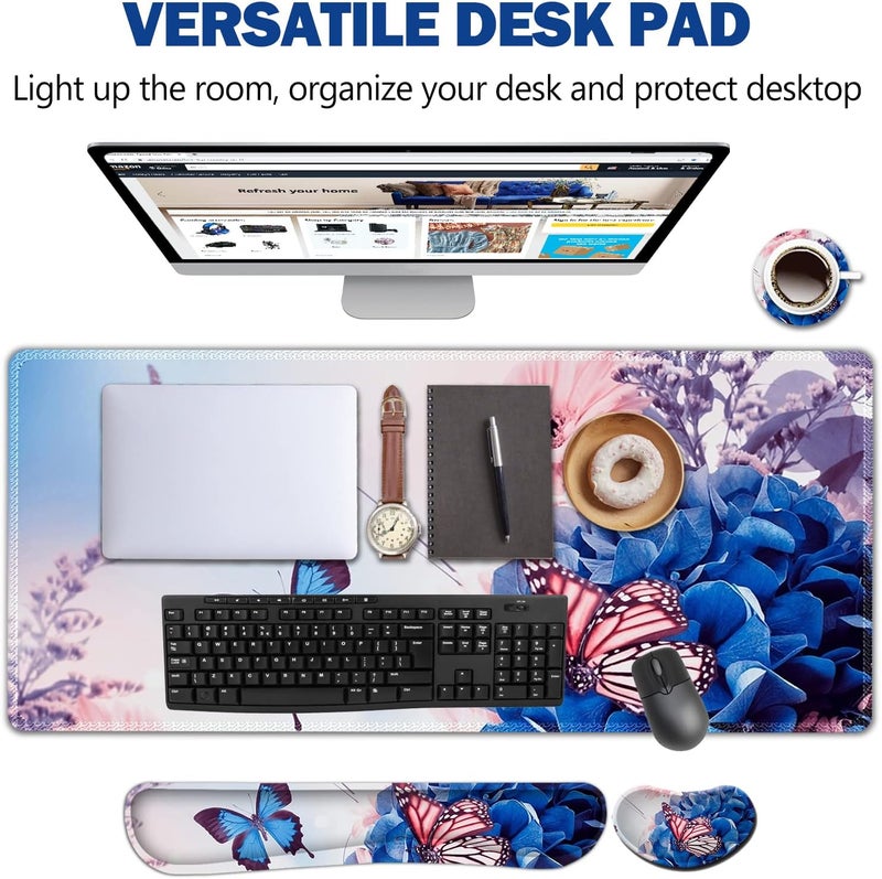 AIMSA Large Gaming Mouse Pad Set, Keyboard Wrist Rest Support Mouse Pad, Ergonomic Memory Foam Multifunctional Extended Desk Mat 35x15.7in Anti-Slip Rubber Base for Office Home, Butterfly Flower - Image 2